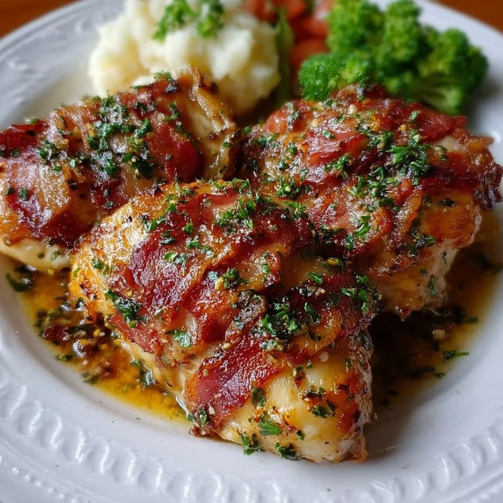 Ahorn-Knoblauch-Bacon-Hühnchen auf einem Teller serviert mit frischen Kräutern