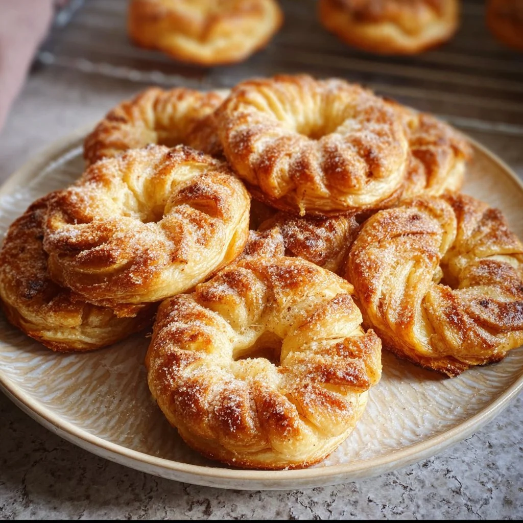 Köstliche Apfelringe in Blätterteig gebacken, serviert auf einem weißen Teller