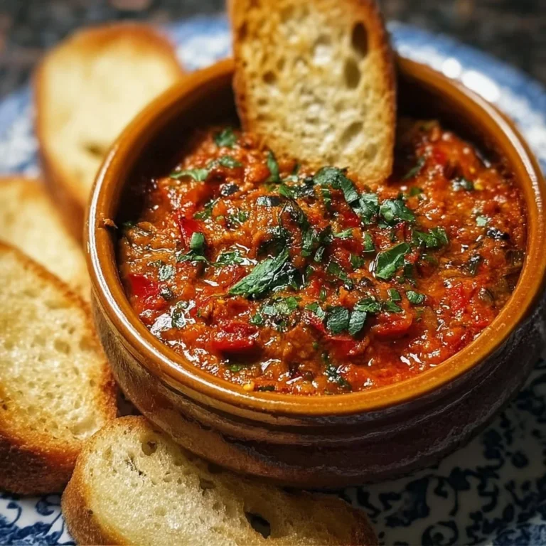 Köstlicher Auberginen-Tomaten-Dip in einer Schüssel, serviert mit frischem Brot.