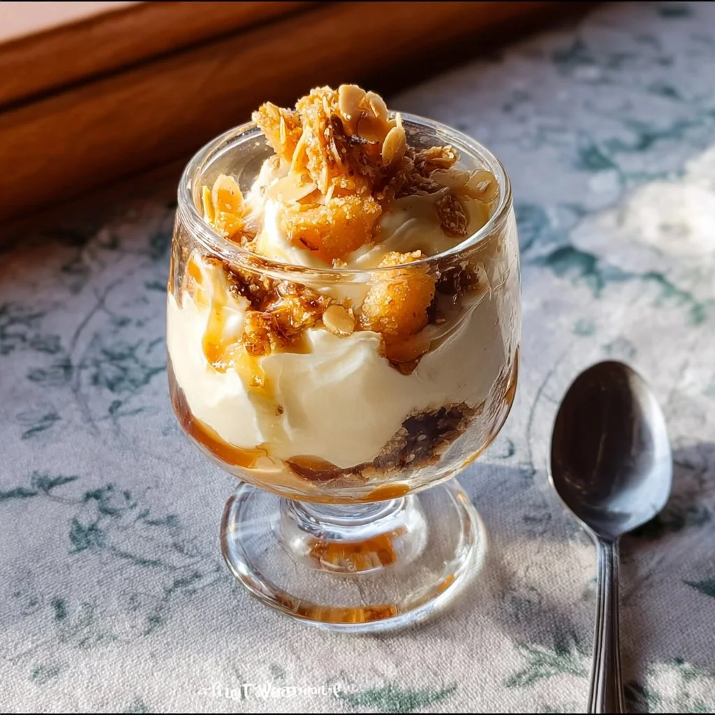 Bienenstich Dessert im Glas mit Sahne und Mandeln serviert