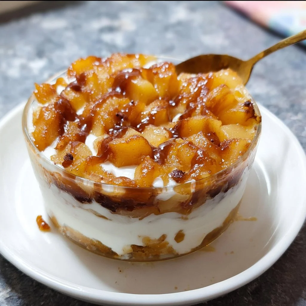 Leckeres Bratapfel Dessert auf einem Teller, garniert mit Nüssen und Zimt.