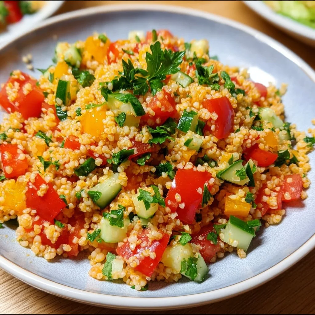 Leckerer Bulgursalat mit frischem Gemüse und Kräutern auf einem Teller