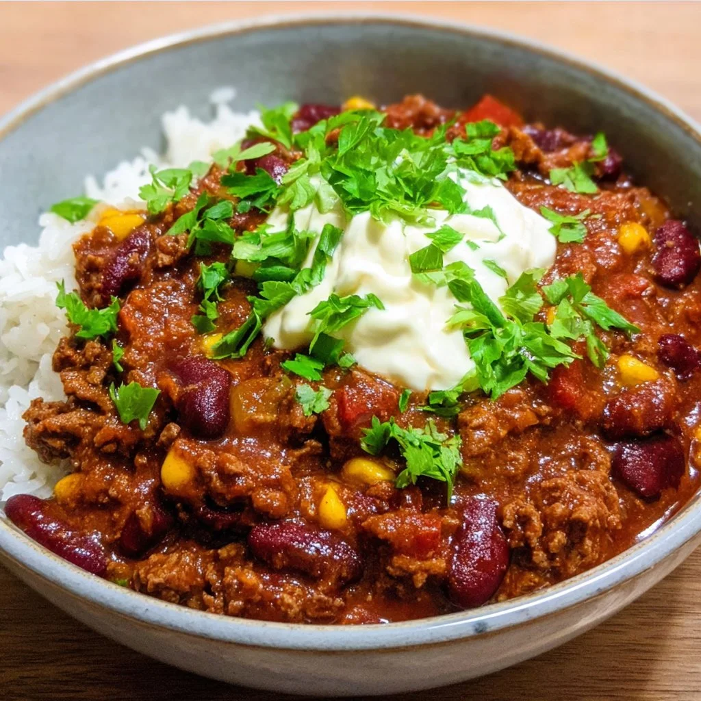 Leckeres Chili con Carne mit Bohnen und Gewürzen auf einem Teller serviert.
