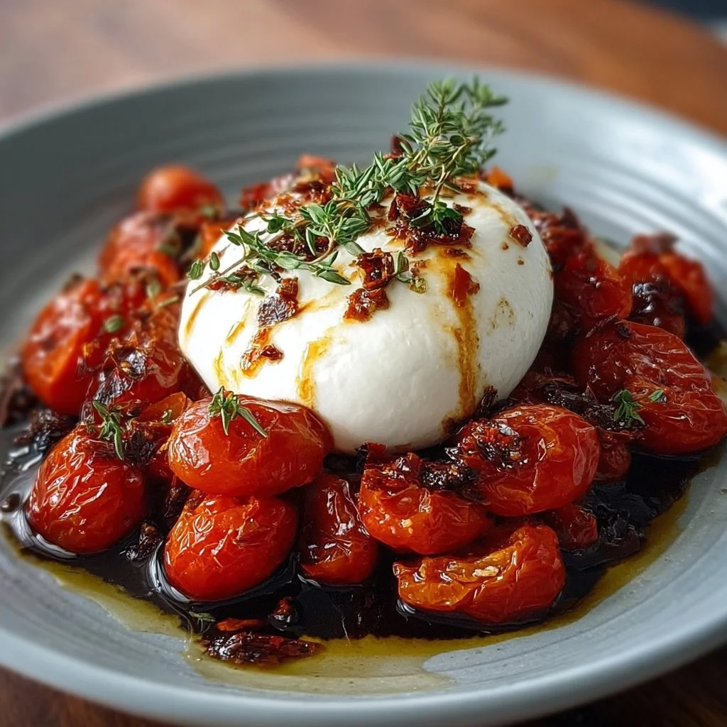 Cremige Burrata mit Balsamico-Tomaten auf einem Teller