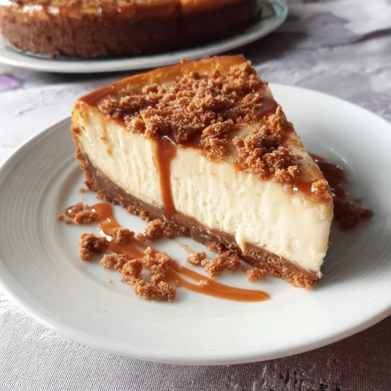 Cremiger Käsekuchen mit Spekulatiusboden auf einem Teller serviert