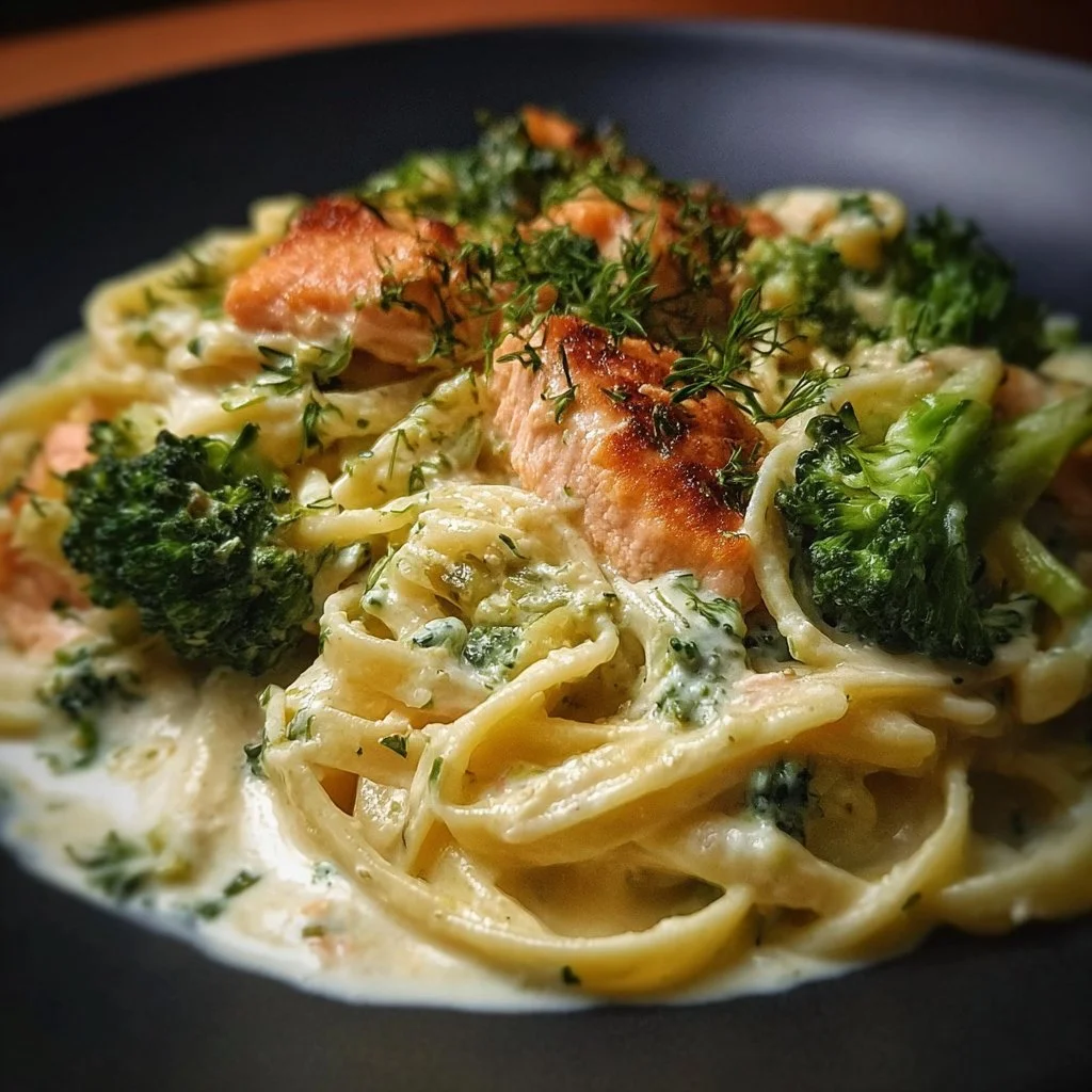 Cremiger Lachs-Brokkoli-Alfredo auf einem Teller serviert