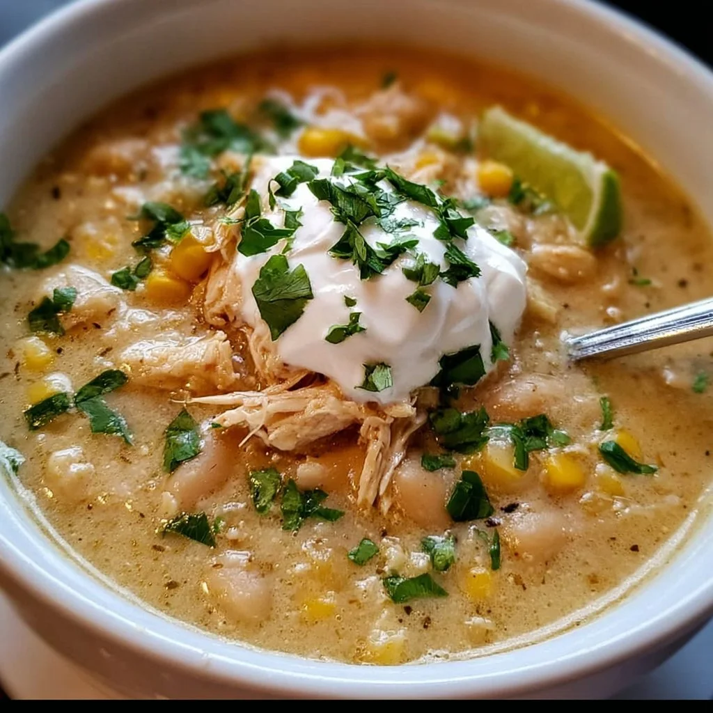 Crockpot Weißes Hühnchen-Chili mit Frischkäse in einer Schüssel