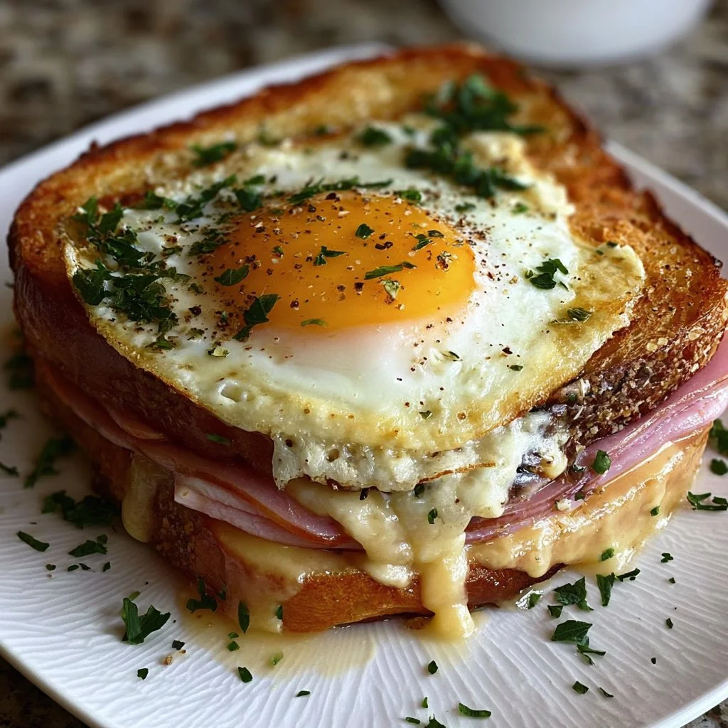 Ein köstlicher Croque Madame mit Schinken, Käse und Ei auf einem Teller.