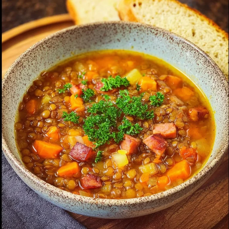 Schale voller deftiger Linsensuppe mit frischen Zutaten.