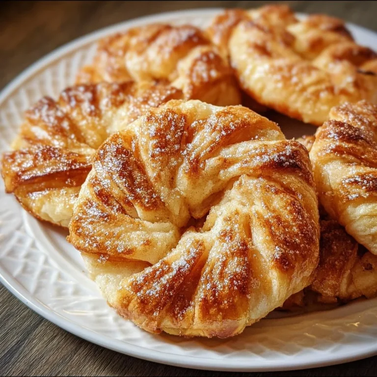 Einfache Apfelringe im Blätterteig auf einem Teller serviert.