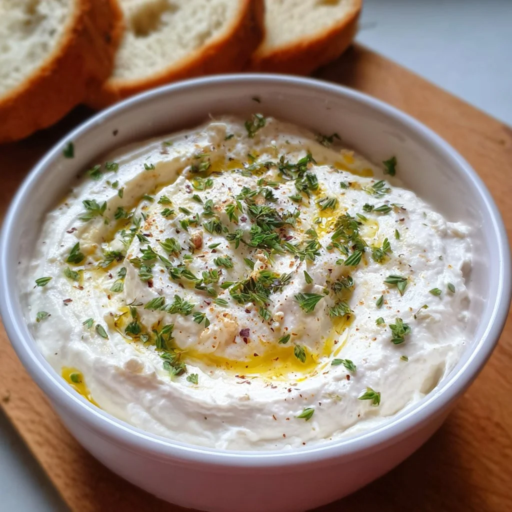 Feta-Creme-Dip mit Knoblauch in einer Schüssel garniert