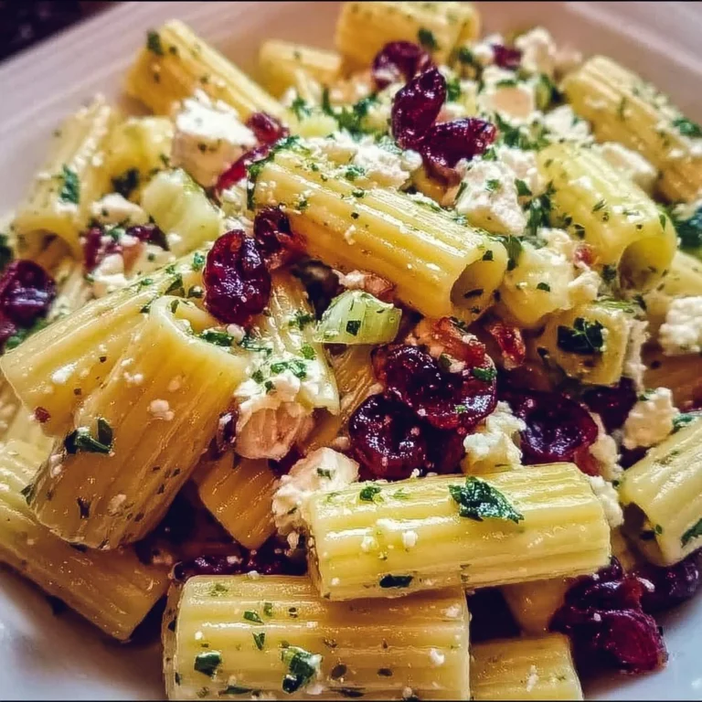 Feta- und Cranberry-Rigatoni-Salat mit Zitronen-Vinaigrette auf einem Teller