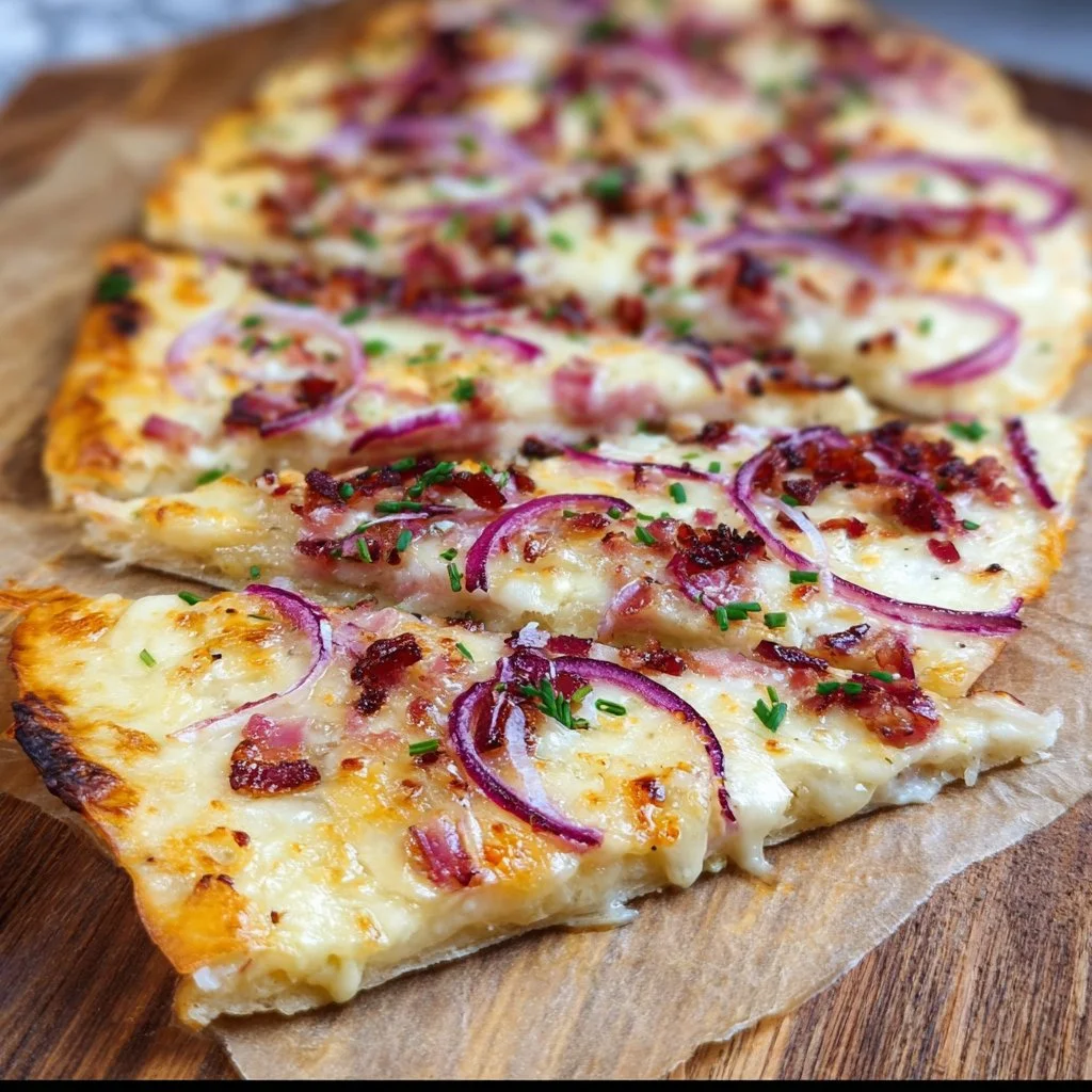Leckere Flammkuchen mit Speck und Zwiebeln auf einem rustikalen Tisch