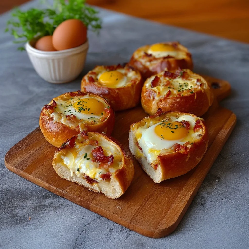 Frühstücksbrötchen gefüllt mit Käse und Schinken auf einem rustikalen Holzbrett