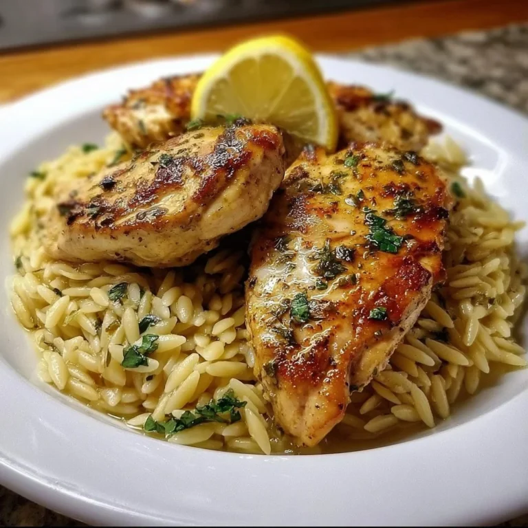 Leckeres Griechisches Zitronenhühnchen mit Orzo auf einem Teller serviert