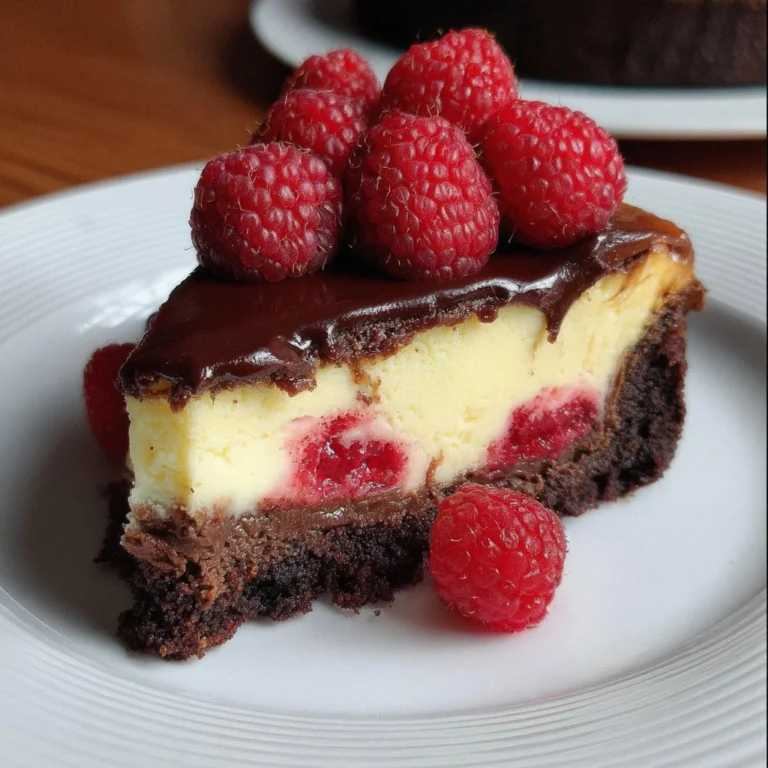 Himbeer-Brownie-Cheesecake mit frischen Himbeeren und Schokoladensoße
