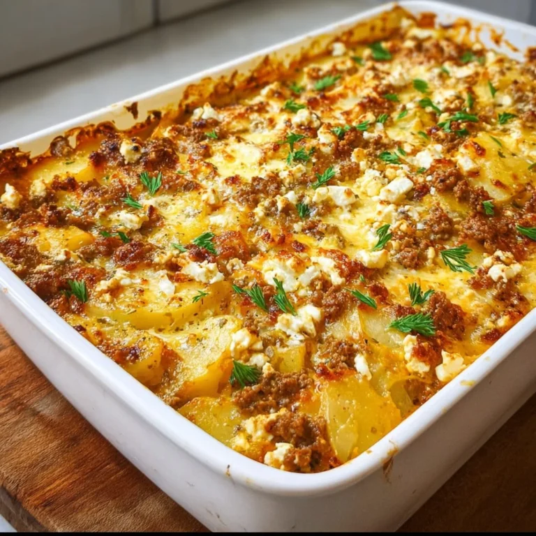 Kartoffel-Hack-Feta-Auflauf mit frischen Zutaten in einer Auflaufform