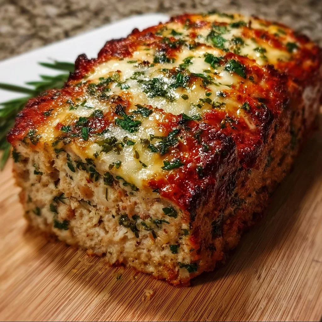 Knoblauch Parmesan Hähnchen Hackbraten auf einem Teller serviert