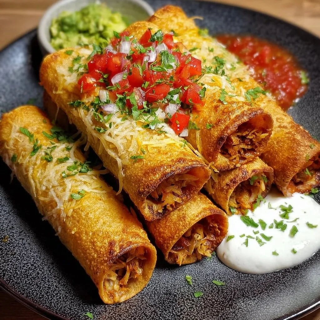 Knusprige Hähnchen-Taquitos auf einem Teller serviert