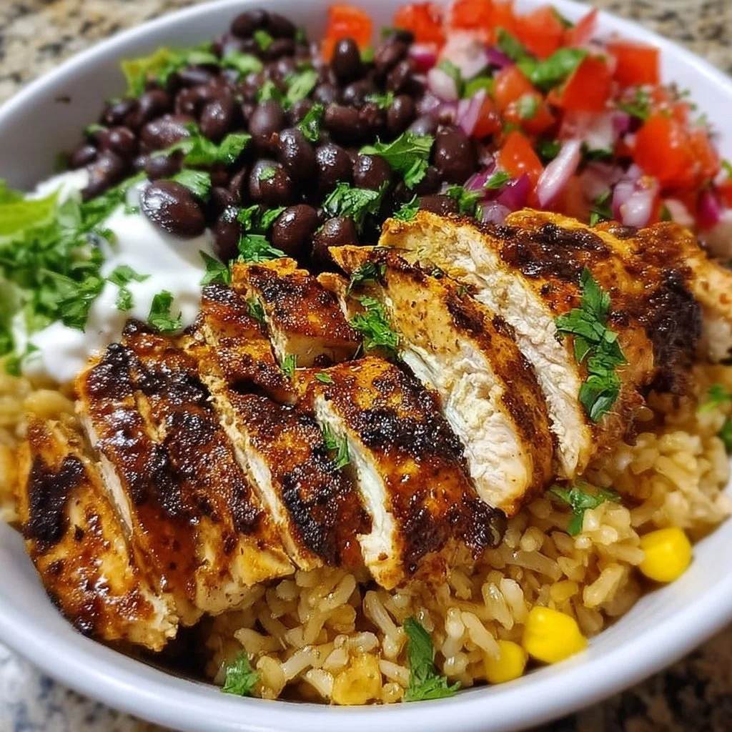 Kubanische Hähnchen- und Schwarze-Bohnen-Reis-Bowls auf einem Teller serviert.