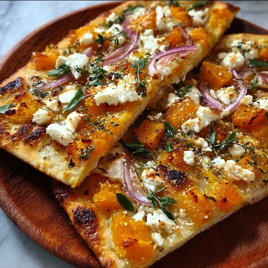Kürbis-Flammkuchen mit Feta, frisch gebacken und appetitlich angerichtet