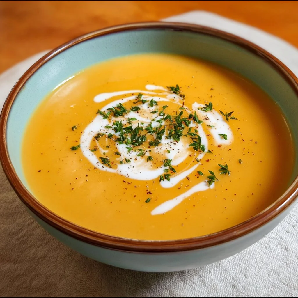 Schüssel mit Kürbissuppe und Kartoffeln, garniert mit frischen Kräutern