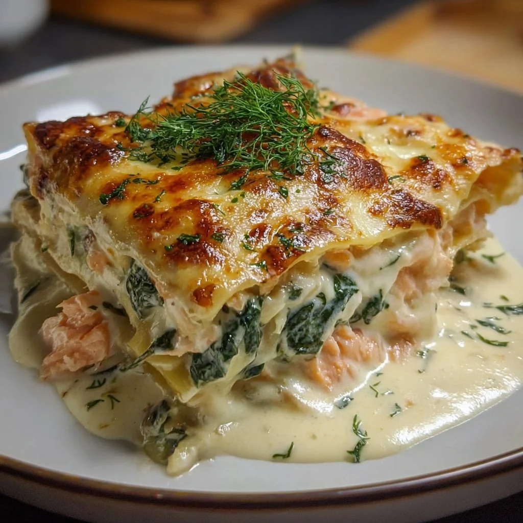 Leckere Lachs-Spinat-Lasagne frisch aus dem Ofen serviert