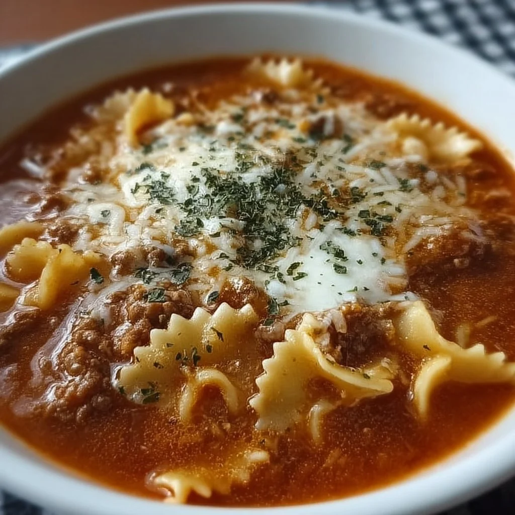 Schüssel mit leckerer Lasagne-Suppe, serviert mit frischem Basilikum