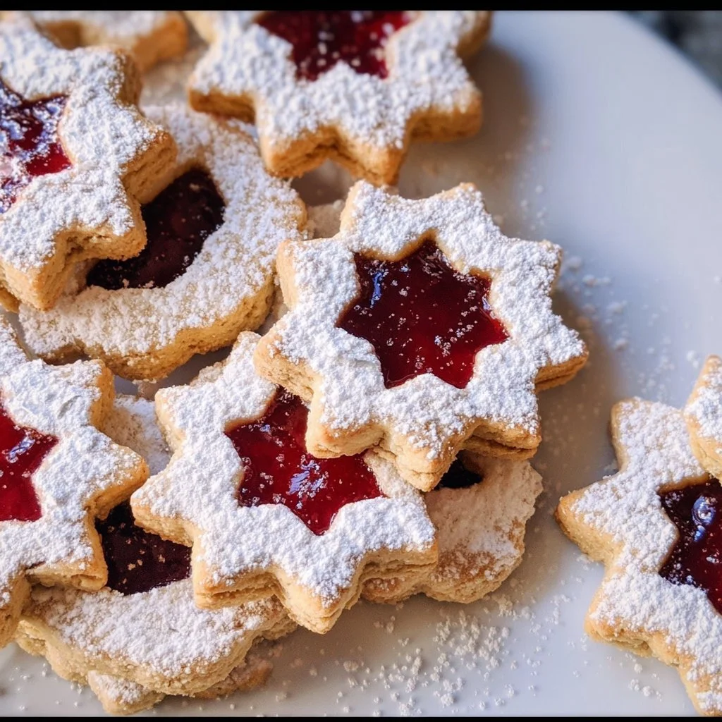 Omas Linzer Plätzchen mit Marmelade auf einem festlichen Tisch