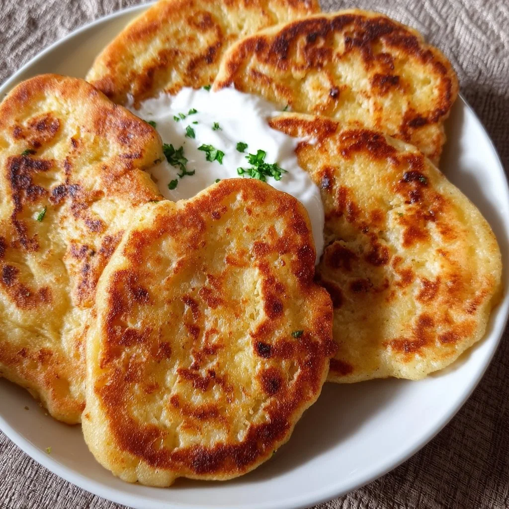 Pfannenbrot mit Joghurt serviert auf einem Holzbrett