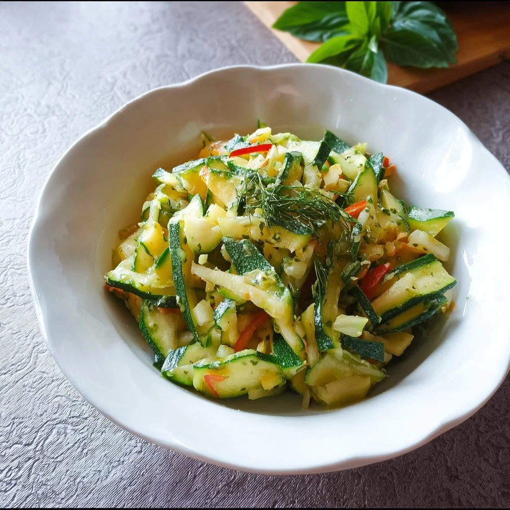 Rohkostsalat mit Zucchini in einer farbenfrohen Schüssel auf einem Tisch