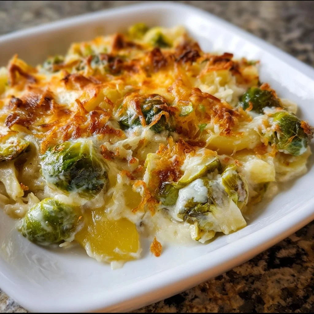 Leckerer Rosenkohl-Kartoffel-Auflauf frisch aus dem Ofen