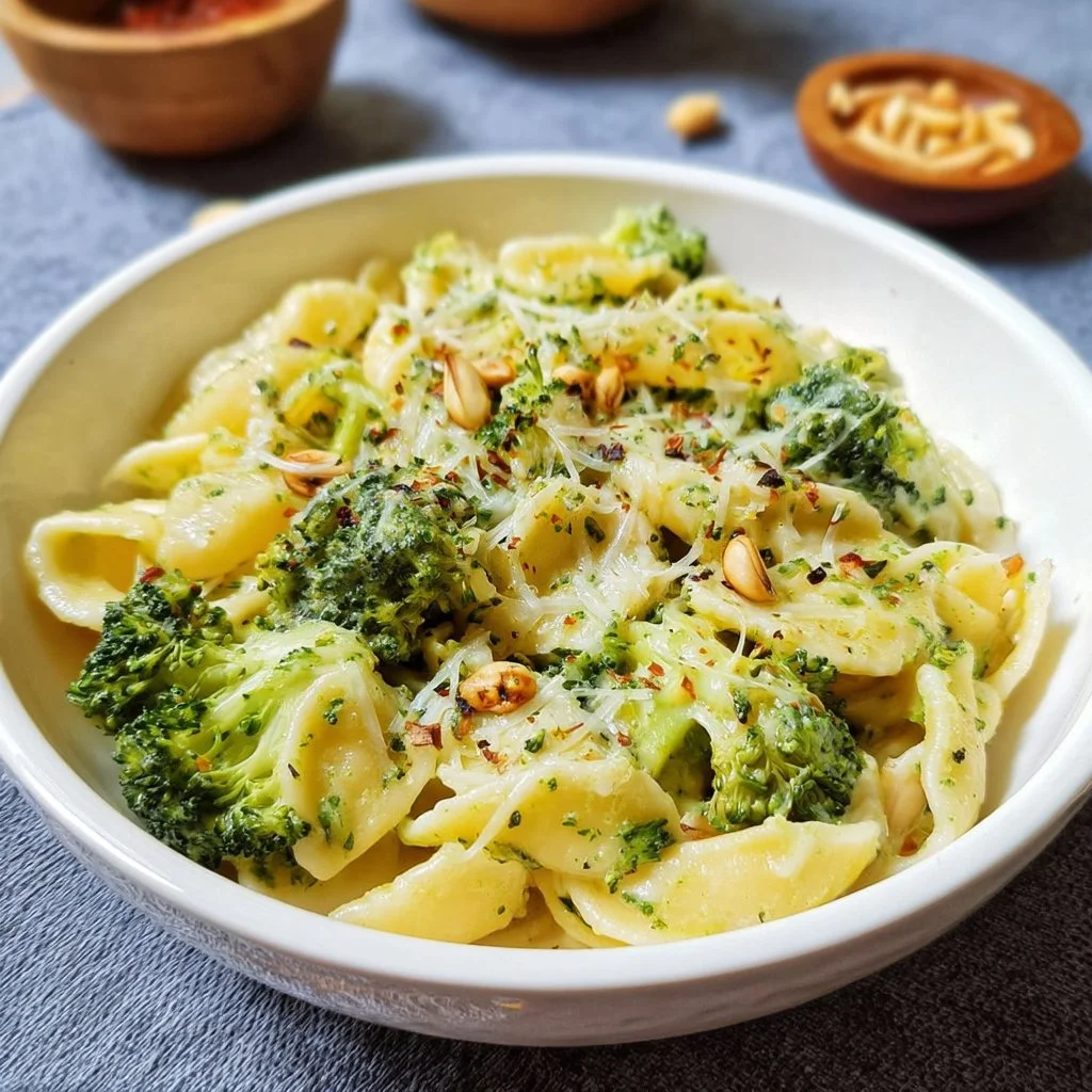 Schnelle Brokkolipasta mit Brokkoli und Pasta auf einem Teller serviert