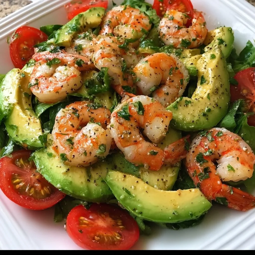 Frischer Shrimp Avocado Salat mit zarten Garnelen und cremiger Avocado