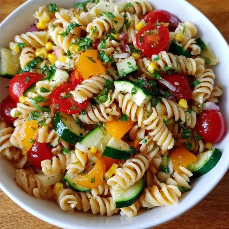 Erfrischender Sommer Gemüsepasta Salat mit buntem Gemüse und Kräutern