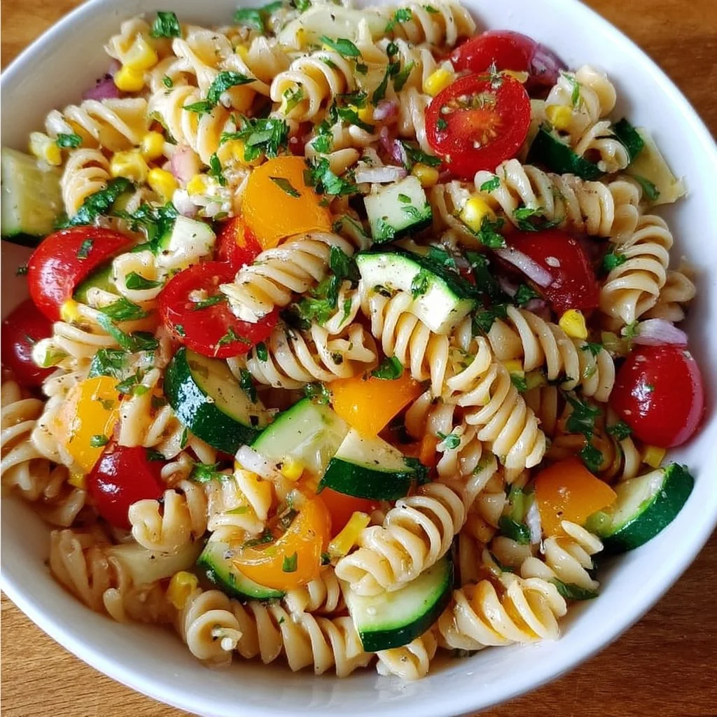 Erfrischender Sommer Gemüsepasta Salat mit buntem Gemüse und Kräutern