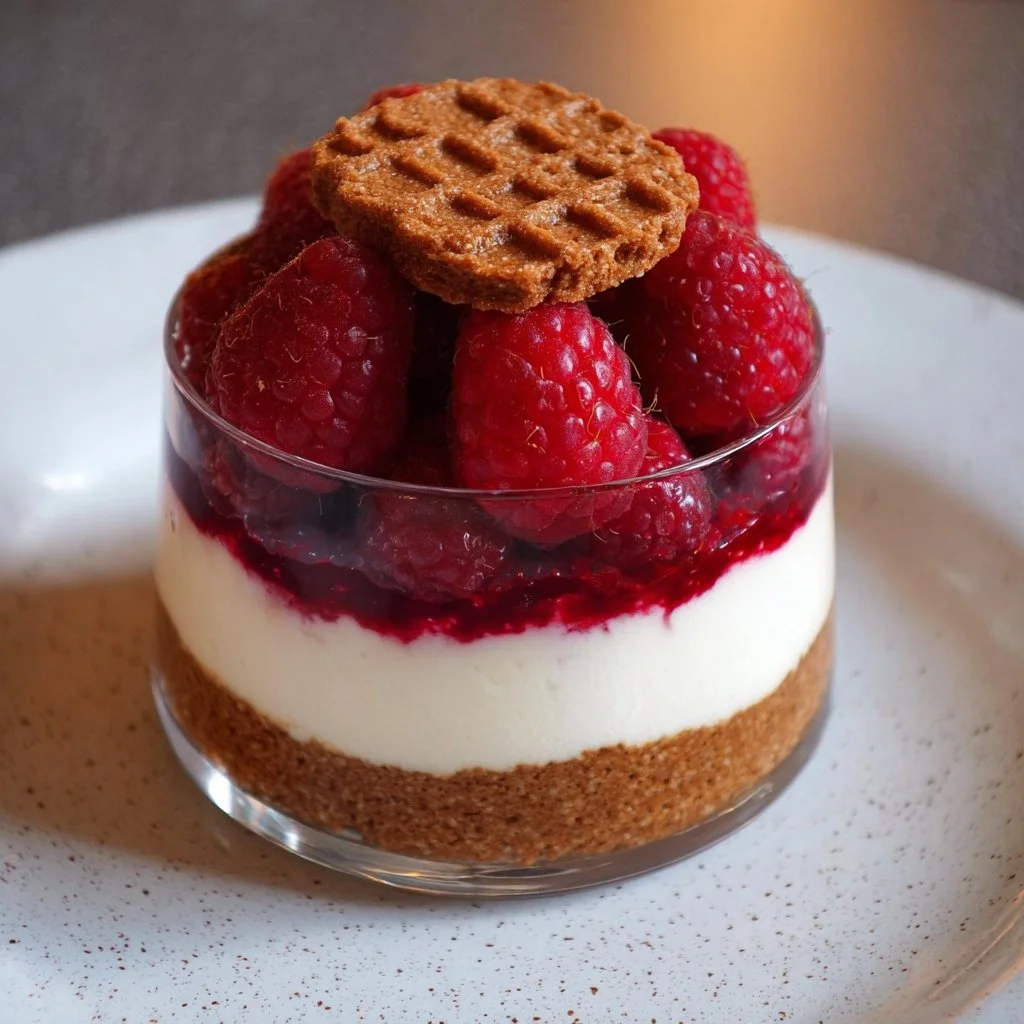 Leckeres Spekulatius Dessert mit Himbeeren auf einem Teller serviert.