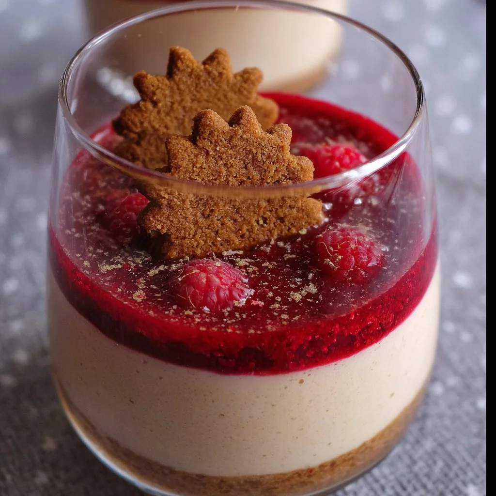Schichten eines Spekulatius-Himbeer-Desserts im Glas mit frischen Himbeeren
