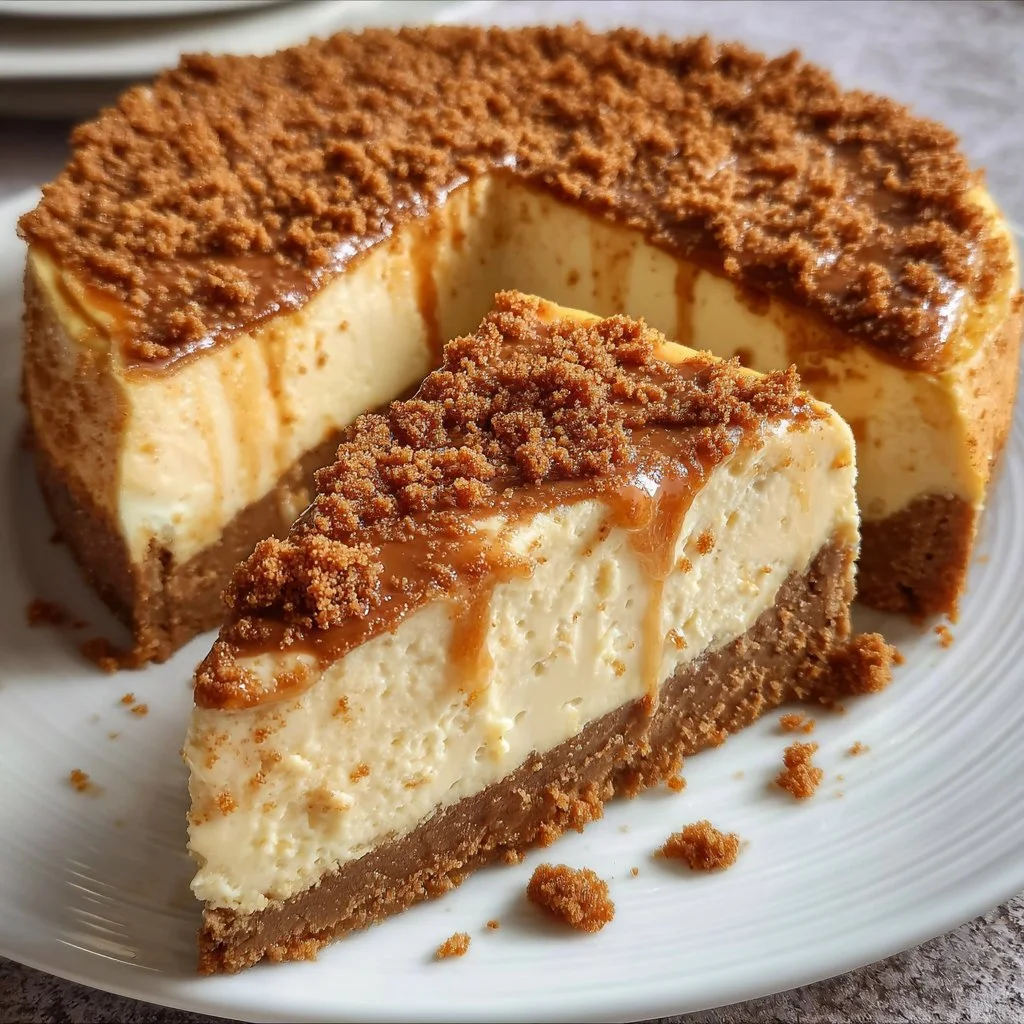 Cremiger Spekulatius Käsekuchen auf einem Teller, dekoriert mit Spekulatius-Keksen.