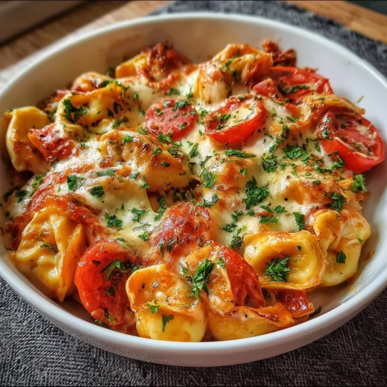Tortellini Casserole mit Tomaten und Mozzarella auf einem Teller serviert.