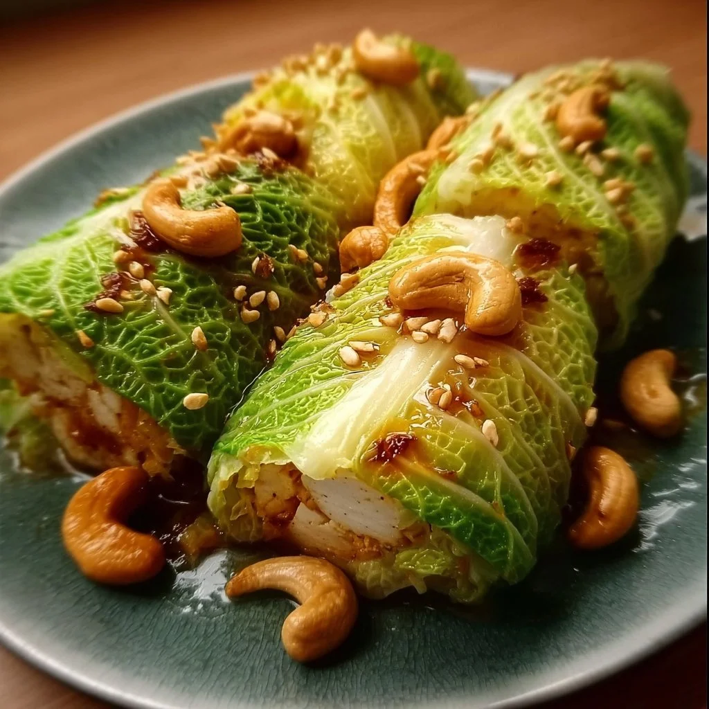 Vegane Kohlrouladen mit Tofu und Cashews auf einem Teller serviert
