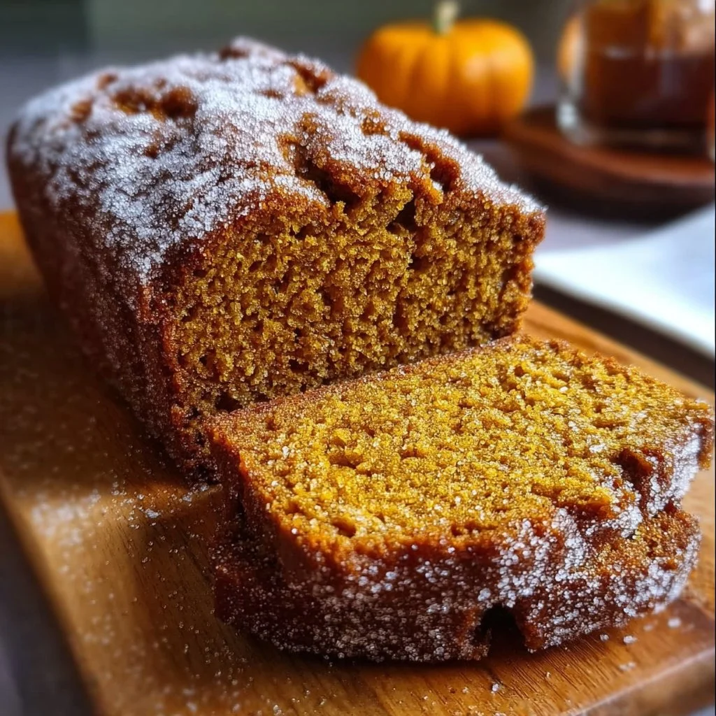 Zimt-Zucker-Kürbisbrot mit Kürbisstücken und Zimt bestreut