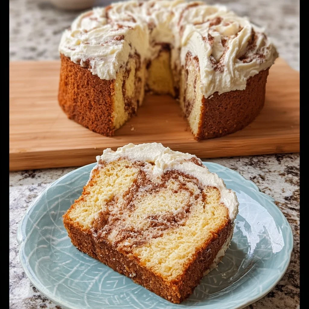 Zimtschneckenkuchen mit Frischkäse auf einem Teller serviert