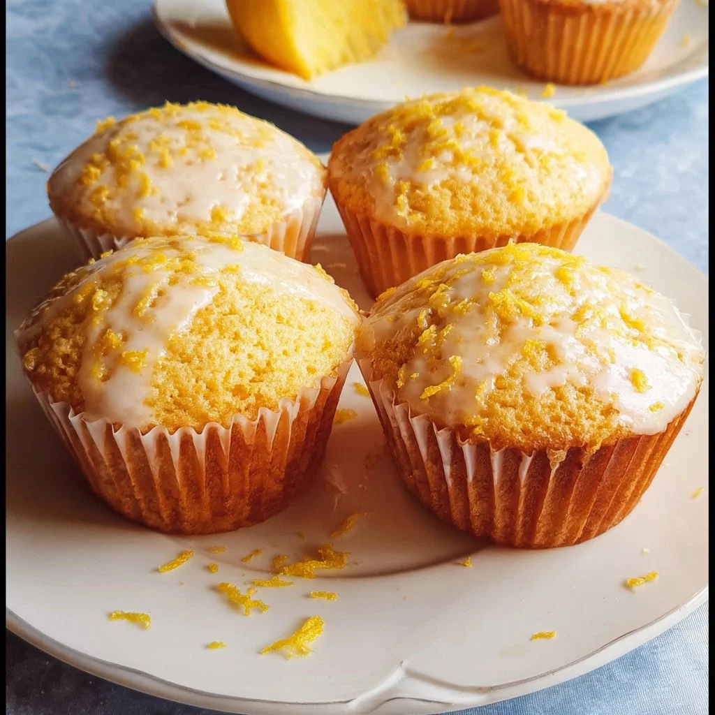 Zitronenmuffins mit Öl auf einem Teller, frisch gebacken und saftig