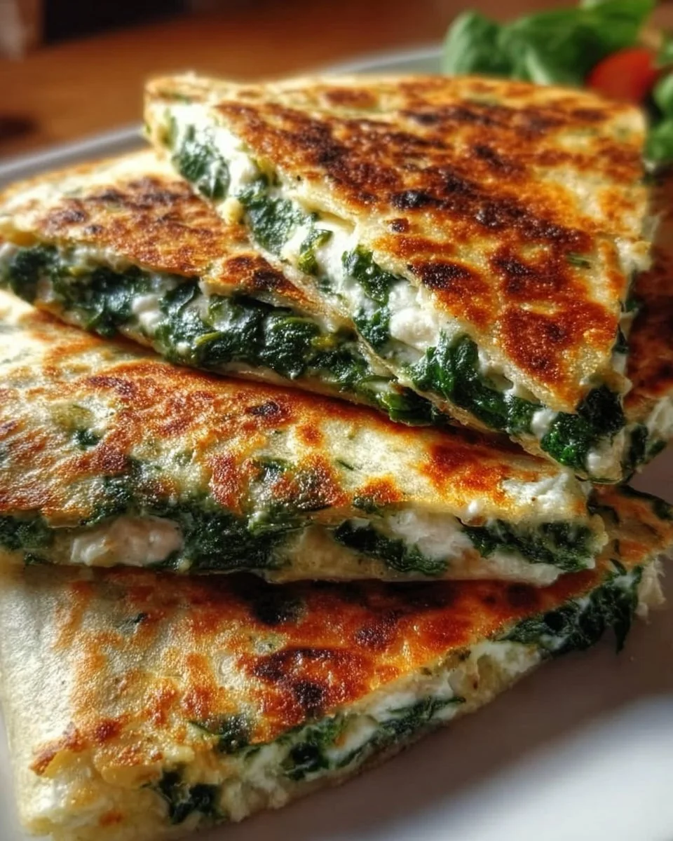 Spinat-Feta-Quesadillas auf einem Teller serviert.