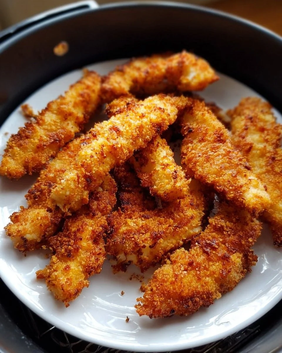 Köstliche und knusprige Air Fryer Hähnchenstreifen, ideal für eine gesunde Mahlzeit.