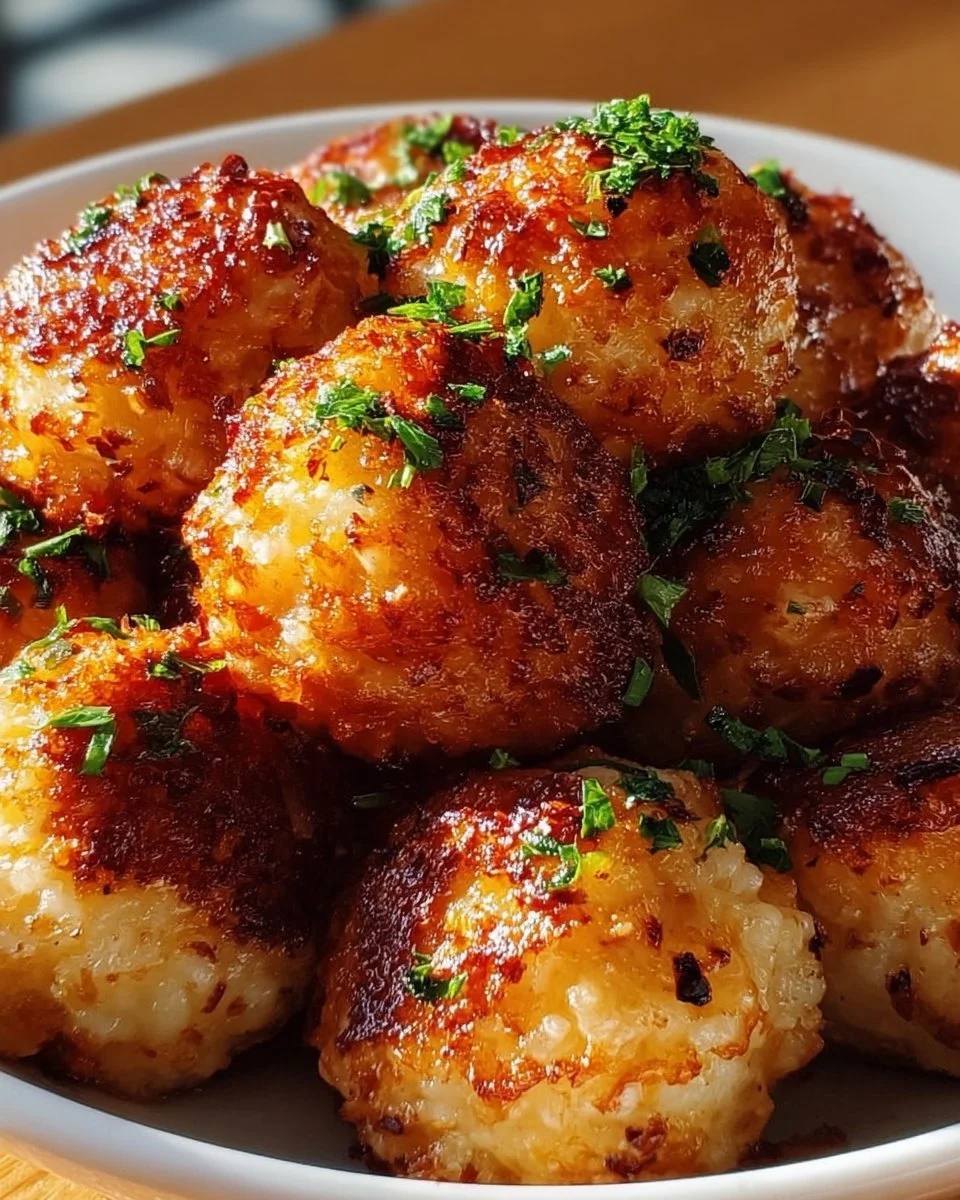 Knusprige Air Fryer Reisfleischbällchen auf einem Teller serviert