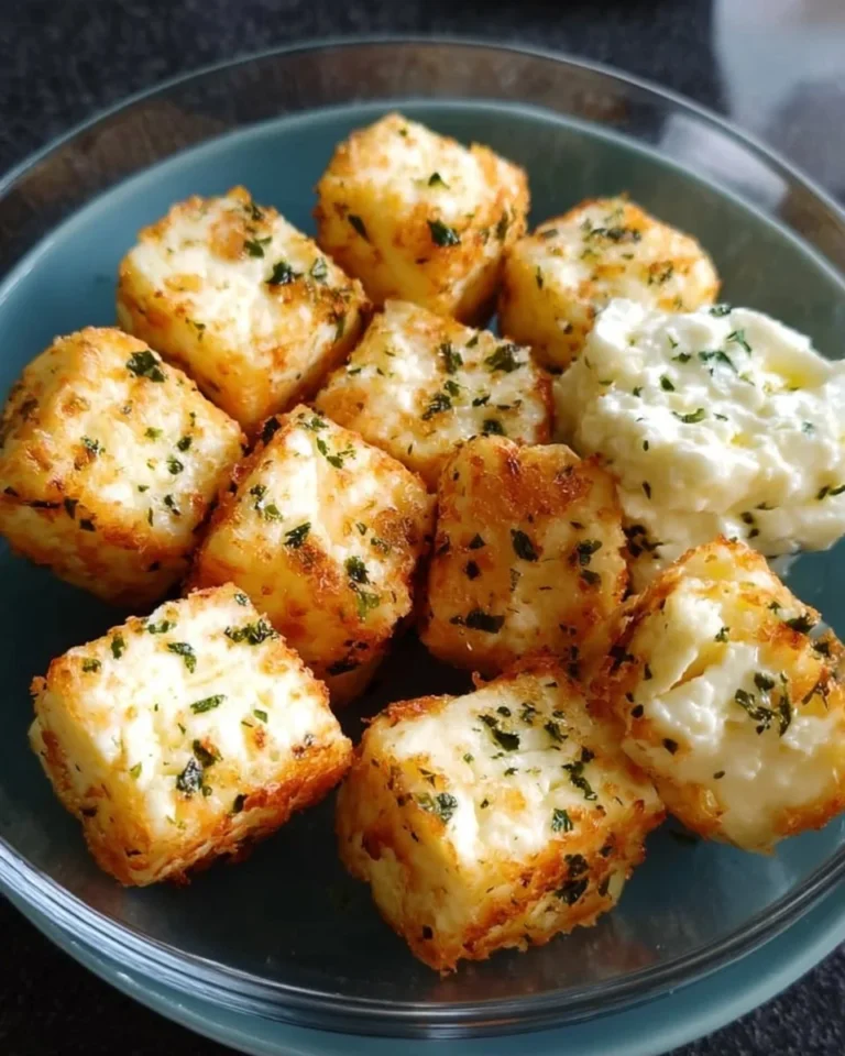 Leckere, knusprige Airfryer Feta-Würfel serviert auf einem Teller