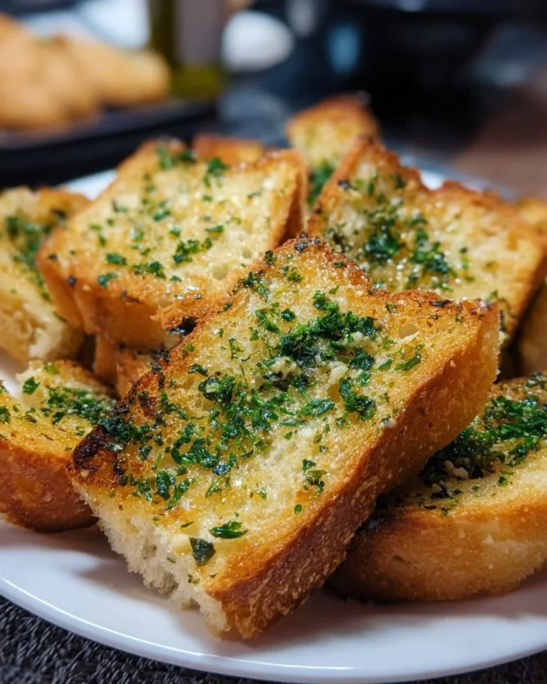 Knuspriges Airfryer Knoblauchbrot auf einem Teller serviert.