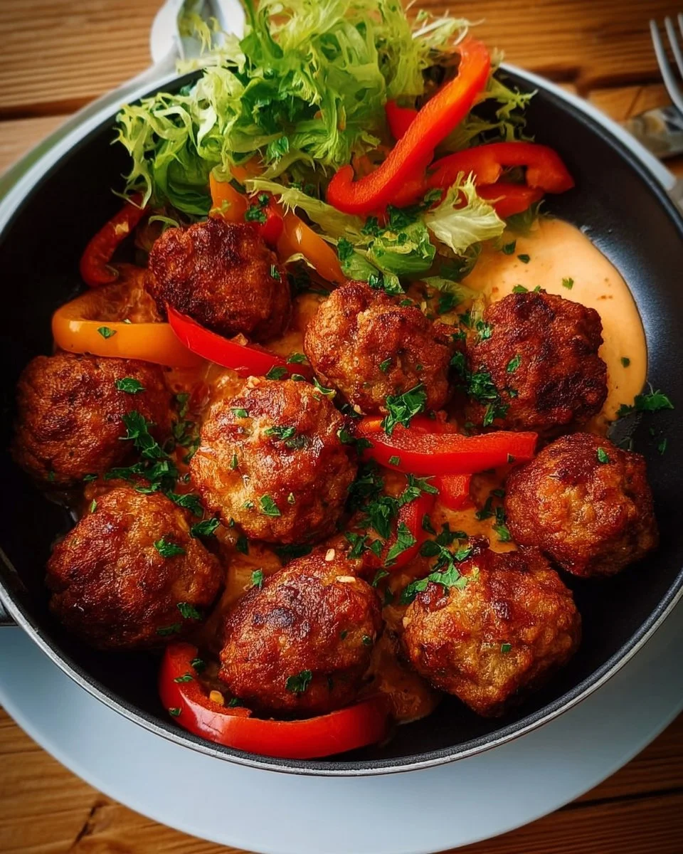 Airfryer Hackbällchen in Sahnesauce mit Paprika, ein einfaches Rezept für Feinschmecker.
